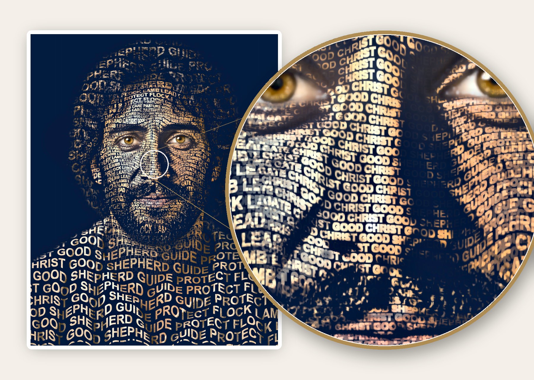 A sacred word portrait magnified to reveal it is made of words